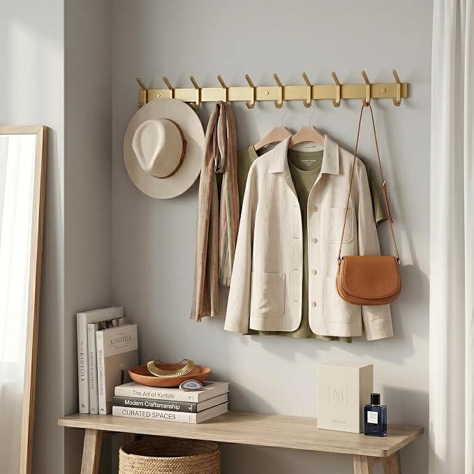 Brushed Gold Wall Mounted Coat Rack – 30 Inch Stainless Steel Rail with 10 Double Coat Hooks for Entryway, Bathroom, Bedroom, Kitchen – Modern Gold Hook Rack for Coats, Hats, Towels - Image 6