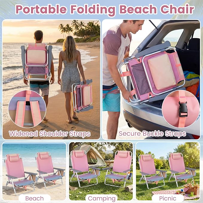 Giantex Folding Beach Chair, Patio Sling Chairs with 5 Adjustable Position, Head Pillow, Storage Bag, Towel Bar, Cup Holders, Backpack Chairs for Sunbathing, Camping Chair - Image 4