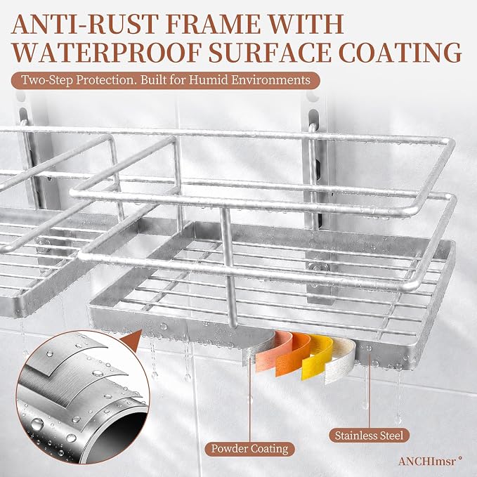 4-Tier Adjustable Hanging Shower Caddy for Handheld Showerhead, Silver | Rustproof Shower Rack Baskets, Anti-Swing Hanging Shower Organizer for Bathroom Storage with 2 S-Hooks, Large Capacity - Image 7