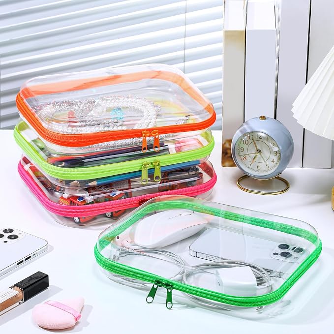 Hoolerry 4 Pcs Hard Clear Zipper Case Makeup Bags Plastic Zipper Pouch Transparent Storage Box Containers for Cosmetics, Snacks, Building Blocks, Puzzles(Clear,9.8 x 7.9 x 2 in,Fluorescent) - Image 7