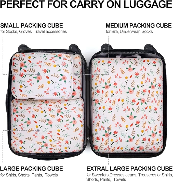 Gonex Compression Packing Cubes, 4pcs Expandable Storage Travel Luggage Bags Organizers (Floral Pink) - Image 4