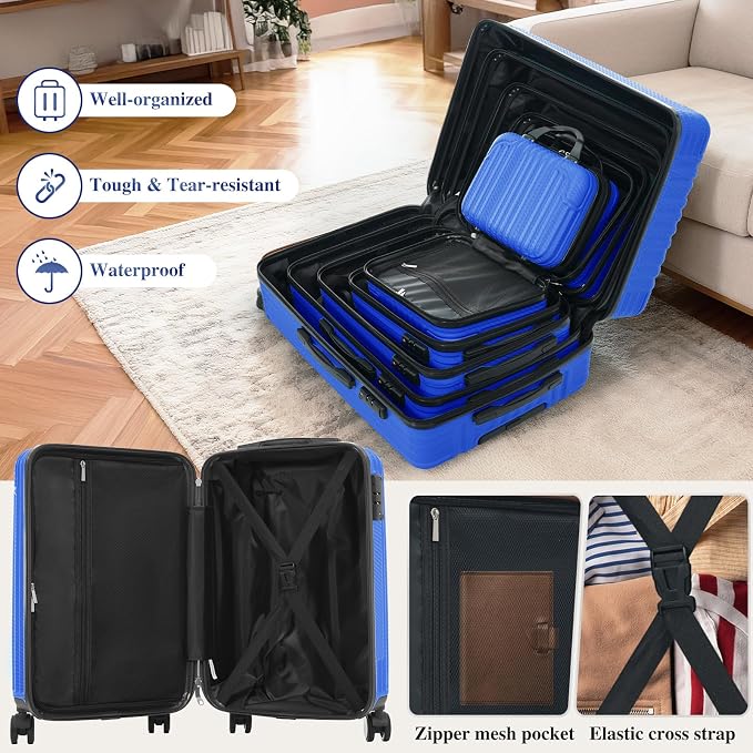 Royal Blue 6 Piece Luggage Set Hard Shell - Lightweight Checked Suitcases with Spinner Wheels and Cosmetic Cases for Family Travel, Durable Carry On Luggage Sets with Lock for Women and Men - Image 5
