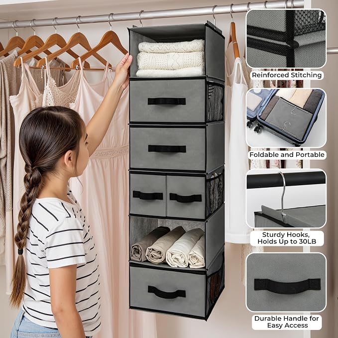 GRANNY SAYS Hanging Closet Organizer 6 Shelves, Closet Organizers and Storage with 5 Drawers, 6 Side Pockets Closet Hanging Organizer, Hanging Storage Organizer for Closet, Baby Clothes, Gray - Image 4