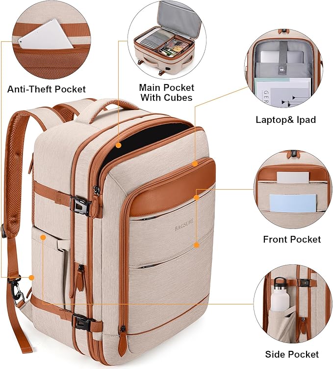 Bagsure Travel Backpack Carry On Backpack 42L Flight Approved, Expandable Laptop Backpack with Packing Cubes & Shoe Pocket, Water Resistant Luggage Backpack for Men Women, Large Backpack 20 * 14 * 7" - Image 5