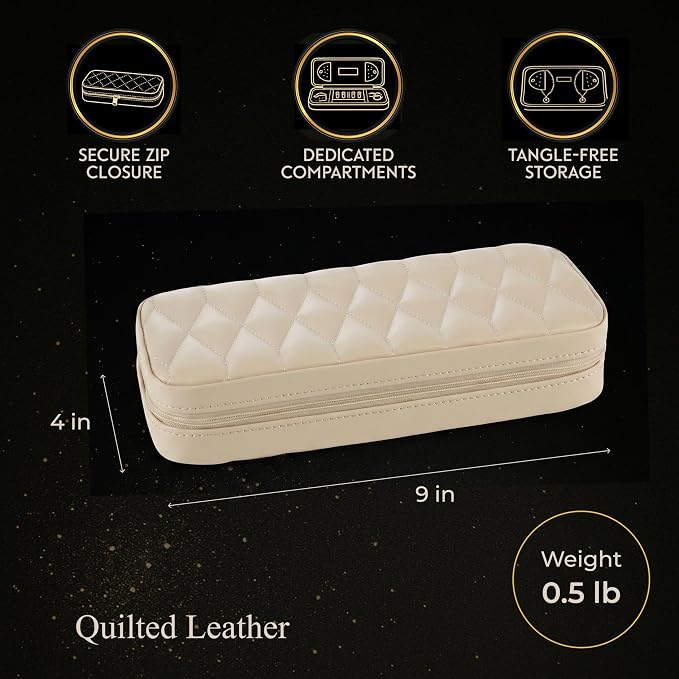 Bey-Berk Diamond-Quilted Leather Travel Jewelry Case, Cream, 9" x 4" x 1.75" - Image 4