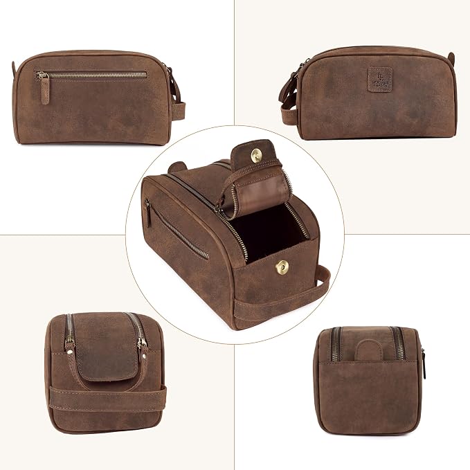 Leather Toiletry Travel Bag with Waterproof Lining, Large Capacity Vintage Dopp Kit, Shaving & Cosmetic Organizer for Men & Women - Brown - Image 6