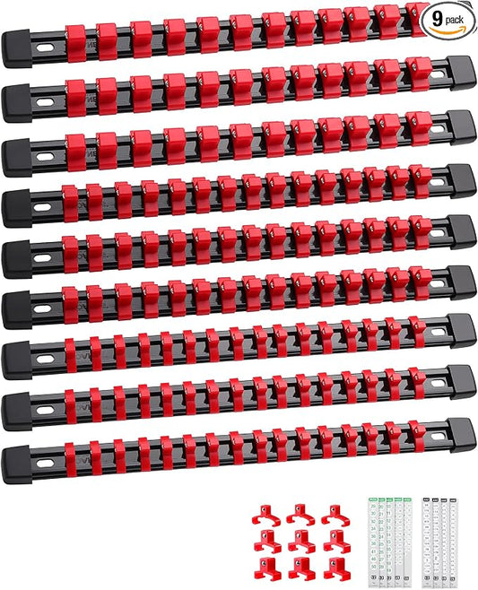 ALOANES 9PC Socket Organizer, Socket Rails Fit 1/2", 1/4" and 3/8" Drive | Heavy Duty ABS Socket Holders Hold up 129 Sockets for Toolbox Drawer Bags(Red) by Aloanes