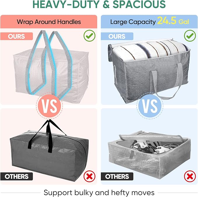 BALEINE 8-Pack Oversized Moving Bags with Reinforced Handles, Heavy-Duty Storage Tote for Clothes, Moving Supplies (Winter Grey, 8-Pack) - Image 4