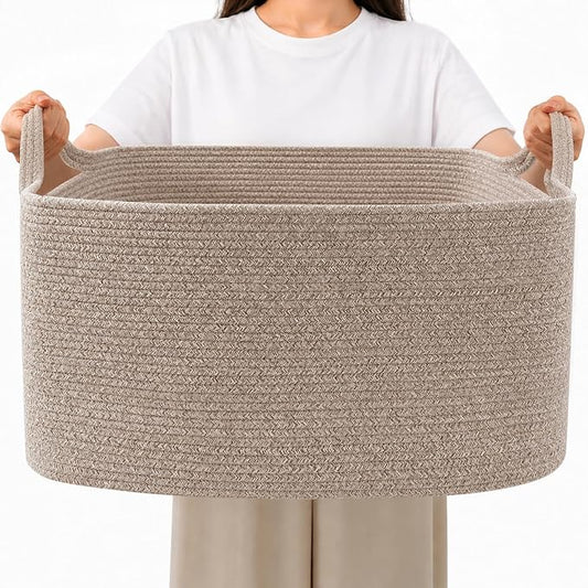 65L Collapsible Woven Rope Laundry Basket with Handles,Brown | 21x16x12 Foldable Rectangular Blanket Basket for Toys, Clothes & Pillows,Ideal for Nursery, Bathroom, Bedroom, Living Room by HZFTJOY