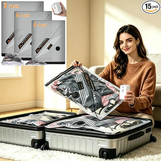 15 Pack Vacuum Storage Bags With Wireless Rechargeable Pump, Waterproof & Dustproof Vacuum Bags, Travel-friendly Size fits 20/24/28 Inch Suitcase, Seasonal Storage Space Saver for Clothes,Blankets by LOEVCC
