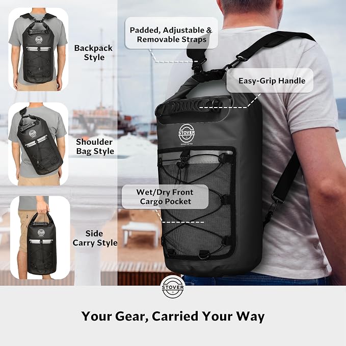 STOVER 5/10/25/30/40L Waterproof Dry Backpack & Phone Case- Large Floating Dry Bag for Kayaking, Travel, Hiking, Fishing, Camping, Motorcycles & Beach, Heavy-Duty Roll Top Men/Women (Black) - Image 3