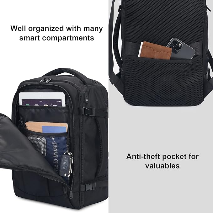 ECOHUB Travel Backpack 18x14x8 Spirit Airlines Personal Item Bag Carry On Backpack 13 Pockets Work Casual Daypack for Men Women Airline Approved Water Resistant Gym Backpack with Charging Port, Black - Image 5