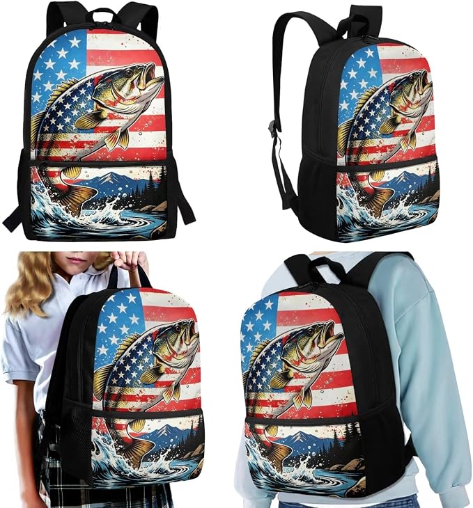 Bass Fish American Flag Boys Backpack and Lunch Bag 4 Piece Set, Padded Shoulder Strap Large Capacity Lightweight School Bag Kids Ages 6-12, 17 Inch Waterproof Organized Bookbag - Image 2