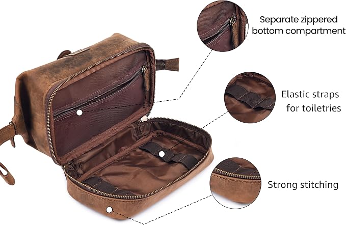 LEATHER VILLAGE Genuine Leather Dopp Kit – Large Travel Toiletry Bag with Waterproof Lining, Dual-Zip Design for Men & Women, Organizer for Shaving, Makeup & Essentials - Rustic Brown - Image 2
