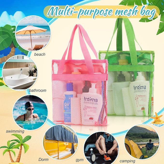 6 Pcs Mesh Beach Bags Bulk Portable Mesh Shower Caddy Bags with Zipper & 2 Pockets Hanging Toiletry and Bath Organizer for Beach Gym Camp Swimming Travel College Dorms (Fluorescent Color) - Image 3