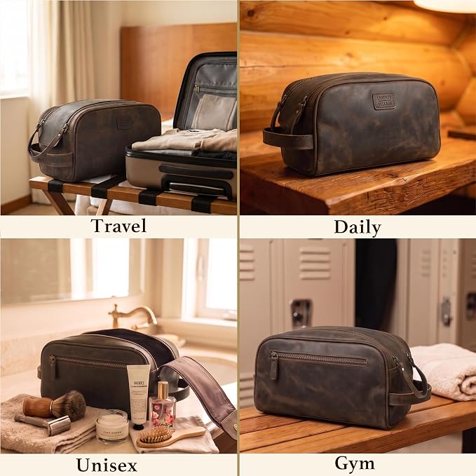 LEATHER VILLAGE Genuine Leather Toiletry Travel Bag With Waterproof Lining - Brown | King-Size Handcrafted Vintage Dopp Kit Bag, Shaving & Bathroom Organizer, Gift for Men & Women - Image 6
