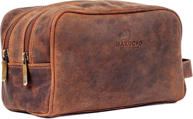 Leather Toiletry bag for men - Travel Pouch for Men & Women, Leather Dopp Kit, Cosmetic Makeup Kit with Waterproof Lining, Spacious Zippered Organizer (Tan Brown) by HAKUCHO