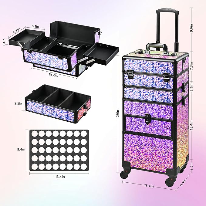 Makeup Train Case with Drawer, Rolling Makeup Case, Cosmetology Case on Wheels, Gift, Large Makeup Case Organizers, Professional for Salon Barber, Nail, Tattoo, Black Colourful - Image 4