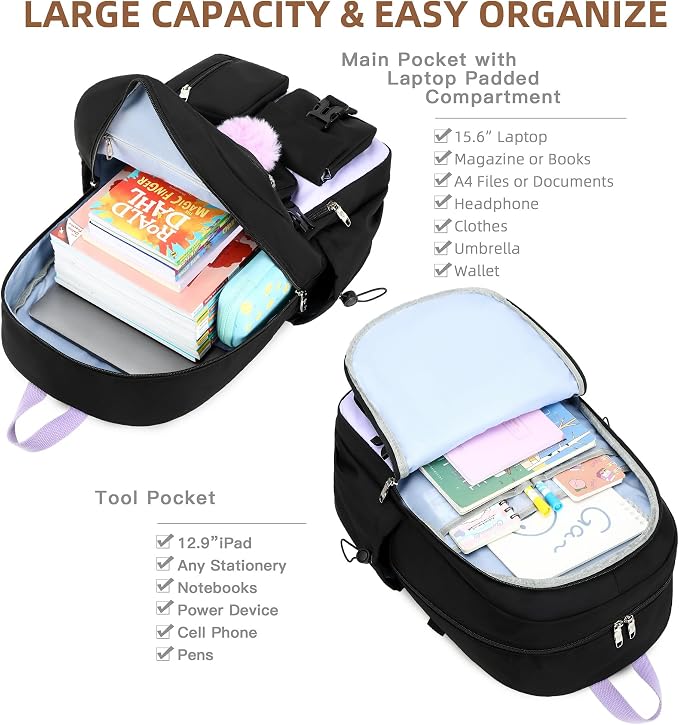 Laptop Backpack 15.6 Inch Elementary Middle High School Bag College Backpacks with Lunch Box Pencil Pouch 3 PCS Set Travel Bookbags for Teens Girls Women Students (Black Purple) - Image 2