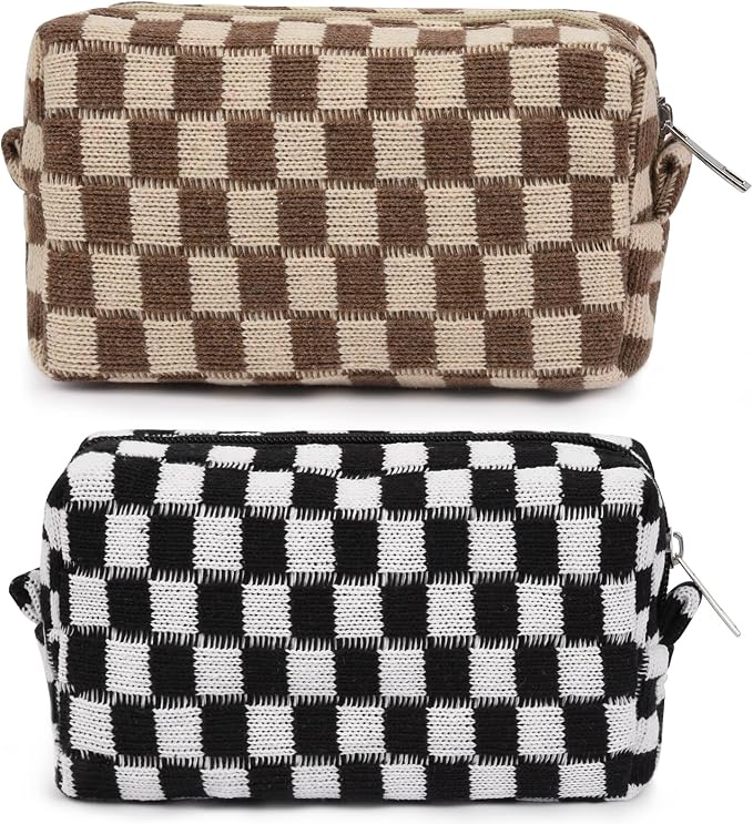 SOIDRAM 2 Pieces Makeup Bag Pouch Checkered Cosmetic Bag Black Brown, Travel Toiletry Bag Organizer Cute Makeup Brushes Storage Bag for Women by SOIDRAM