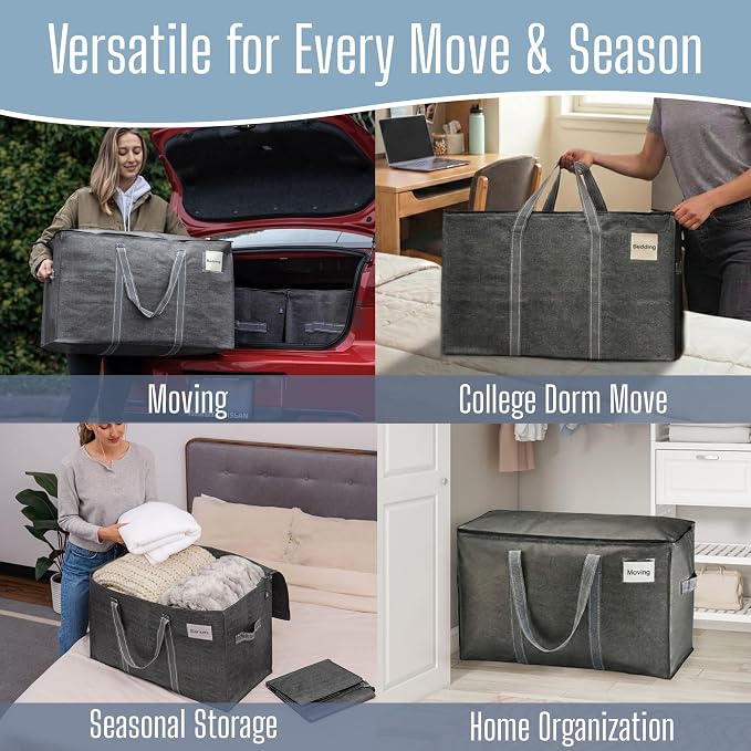 VENO 2 Pack Heavy Duty Moving Bags, Extra Large Storage Bags with Reinforced Handles & Strong Zippers, Foldable & Reusable Moving Box Alternative for Clothes & Dorm Storage - Image 6