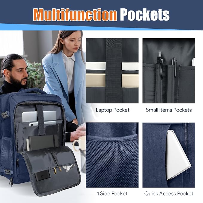 Expandable Carry On Backpack 45L, Large Travel Weekender Bag with Waterproof Wet Pocket, Anti-Theft TSA 17.3 Inch Laptop Rucksack for Men Women Flight Approved Business, Blue - Image 3