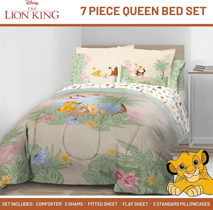 Disney Lion King Simba Queen Comforter Set 7 Piece Kids Bedding, Multi | Safari Animal, Comforter Sheets Shams Pillowcases, Official Brand, Soft Microfiber, Machine Washable, Easy Care, Kids Gift - Image 2