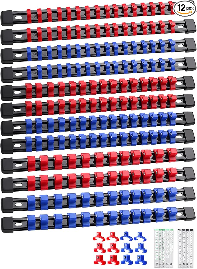 ALOANES 12PC Socket Organizer, Socket Rails Fit 1/2", 1/4" and 3/8" Drive | Heavy Duty ABS Socket Holders Hold 172 Sockets for Toolbox Drawer Bags(Red&Blue) by Aloanes