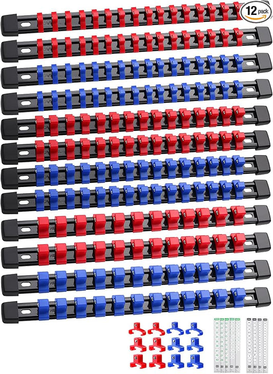 ALOANES 12PC Socket Organizer, Socket Rails Fit 1/2", 1/4" and 3/8" Drive | Heavy Duty ABS Socket Holders Hold 172 Sockets for Toolbox Drawer Bags(Red&Blue) by Aloanes