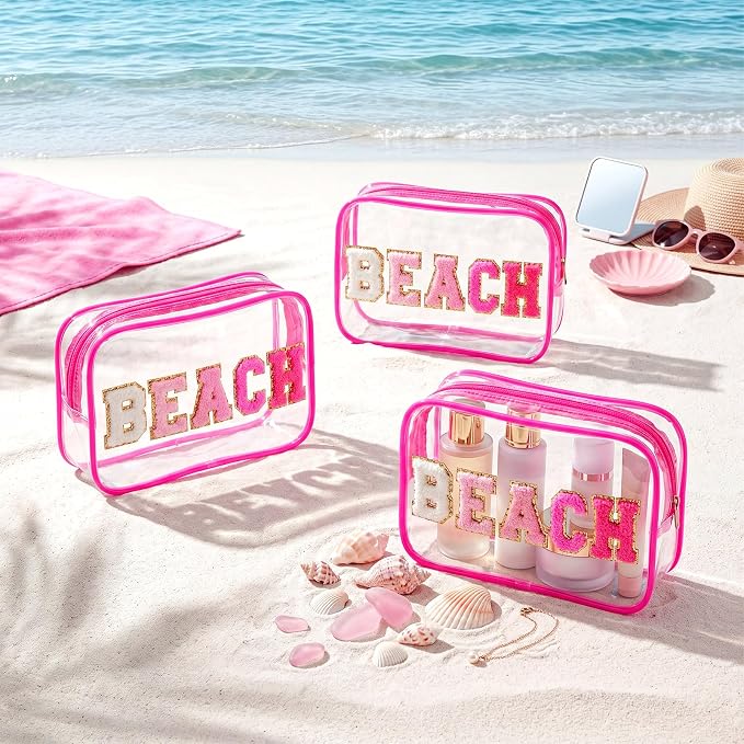 Kacctyen 12 Pack Clear Beach Makeup Bag with Chenille Letter Patch Travel Toiletry Bags Waterproof PVC Cosmetic Organizer for Women Girls Pool Beach Vacation Summer Essential Gifts, Hot Pink - Image 4