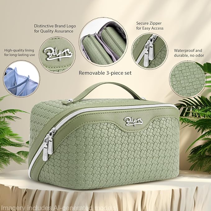BOYATU Travel Makeup Bag Cosmetic Bags for Women: Large Capacity 3 Pcs Set Make up Bag with Compartments - Waterproof Vegan Leather Toiletry Organizer Bags with Handle (L51Grass Green) - Image 2