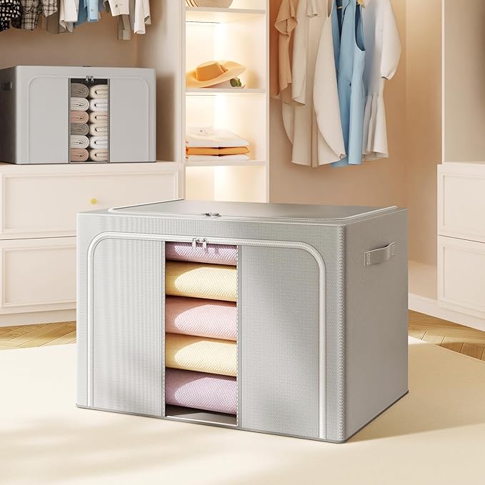 Clothes Storage Bins with Metal Frame Foldable Storage Box Clothes Organizers Storage Containers for Clothes Sheets Blankets Books Toys Gifts and Holiday Decorations (66Lx3 Pack) - Image 7