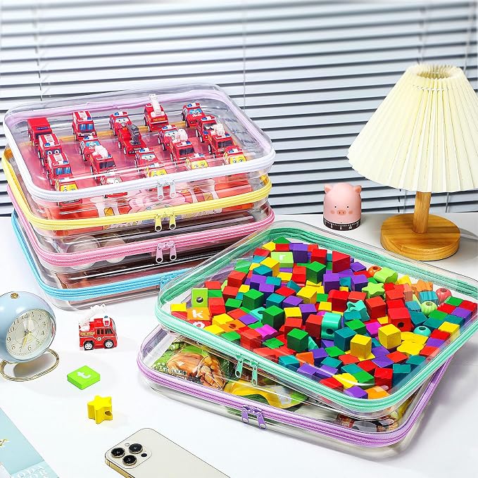 Sanwuta 6 Pcs Clear Hard Zipper Case Plastic Zipper Pouches Transparent Makeup Bag Pencil Case Pouches Toiletry Diaper Bag for Travel Toy Storage Organizer Bins(Assorted Color,13.78 x 11.81 x 2 Inch) - Image 6