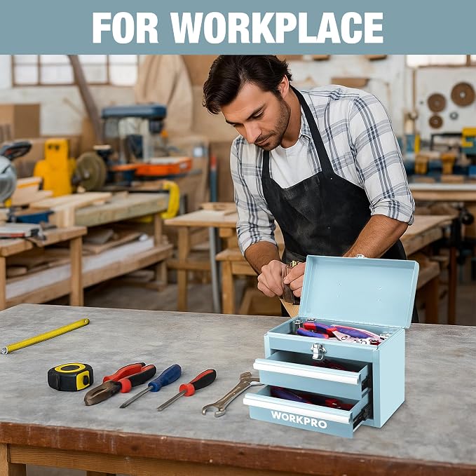WORKPRO Portable Mini Metal Tool Box with 2 Drawers | Metal Tool Chest, Ball Bearing Slides, Top Storage, Latch Handle, PVC Drawer Liners, PP Feet Pads - Image 6
