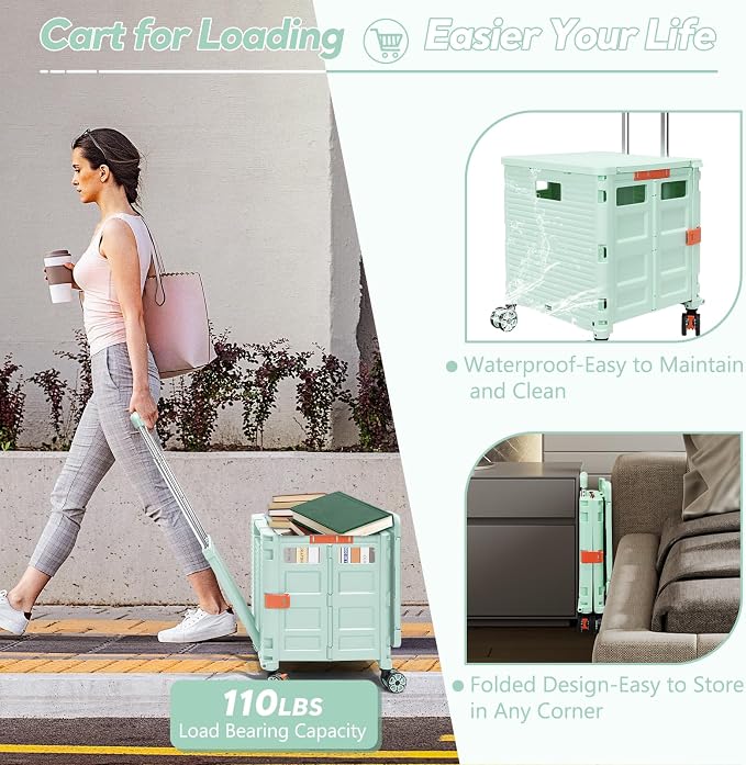 FELICON SELORSS Folding Utility Cart Portable Rolling Crate Handcart-Green | Adjustable Handle+Extended Magnetic Lid,Storage Basket Box,4 Swivel Wheels Tote for Teacher Move Shop Travel Grocery Office - Image 4