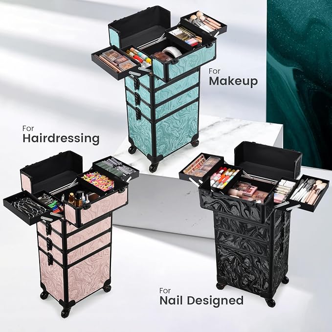 Stagiant Rolling Makeup Case 4 in 1 Cosmetology Case on Wheels Makeup Travel Case with Cosmetic Bag Key Swivel Wheels Salon Barber Case Traveling Cart Trunk Cosmetic Trolley Alpine Blue - Image 2