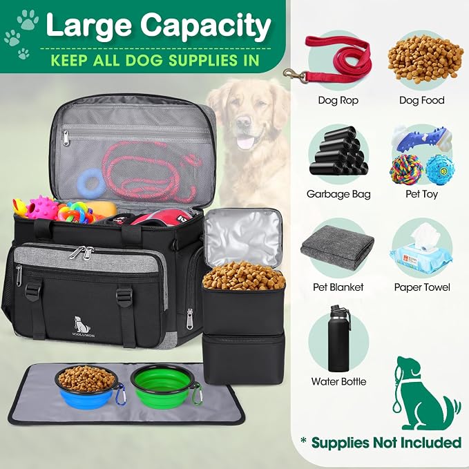 IGOLUMON Dog Travel Bag Large Pet Travel Bags Set for Supplies Weekend Travel Kit Tote Organizer Multi-Pockets Food Travel Bag with 2 Extra Large Food Containers, 2 Dog Bowls, 1 Feeding Mat - Image 4
