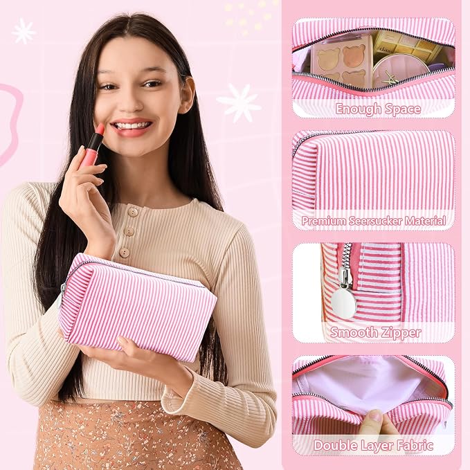 Giesiery 8 Pcs Seersucker Makeup Bags Striped Cosmetic Bags Bulk Organizer for Women Preppy Travel Toiletry Pouch for Wedding Bridesmaid Gifts (Mixed Color, Medium) - Image 3