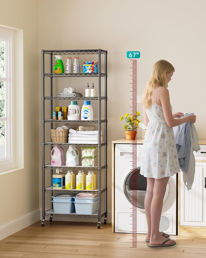 Golpart 8 Tier Shelves Storage Shelf Wire Closet Bathroom Organizers Metal Pantry Kitchen Garage Shelving Unit Laundry Room Organization Home Rack Net Basket Black with Wheels 12”D X 22”W X 74.2”H - Image 2