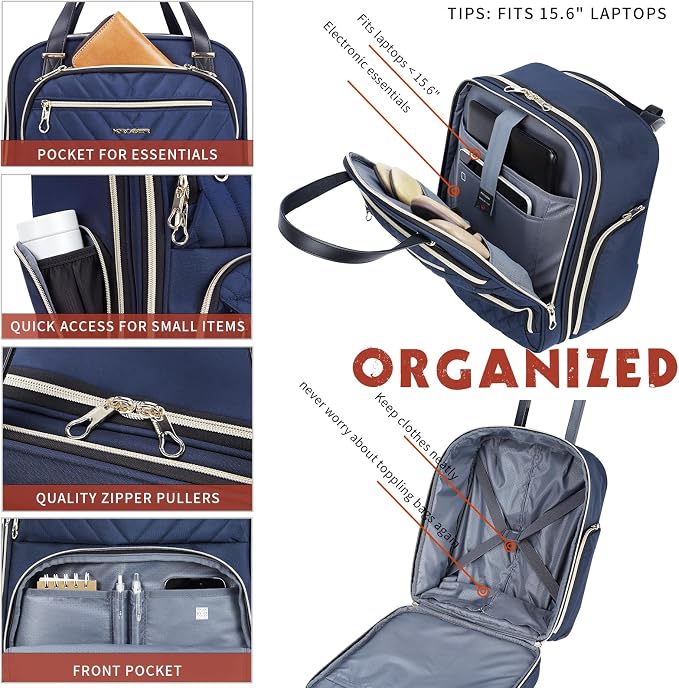 KROSER Carry On Underseat Multi-functional, 16-inch Underseater Lightweight Overnight Suitcase for Men Women, Navy/Gold - Image 4