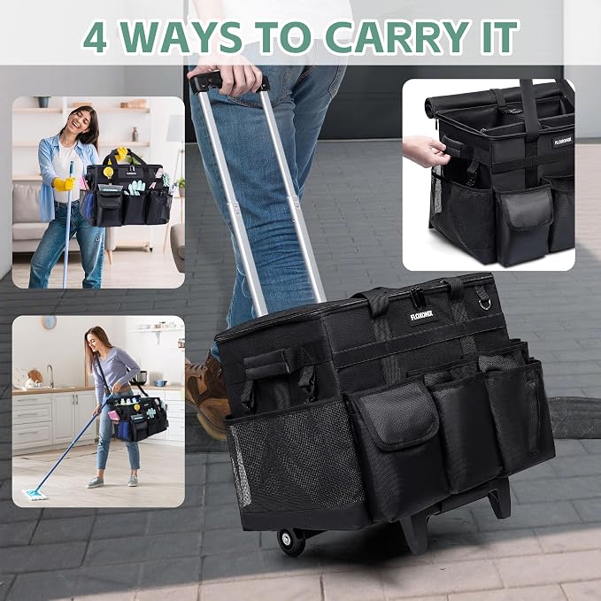 Large Rolling Cleaning Caddy Bag with Wheels, with Detachable Trolley, Cleaning Bags on Wheels for Housekeepers, Cleaning Cart Supplies Organizer for Home, Car, Picnic (Black) - Image 3