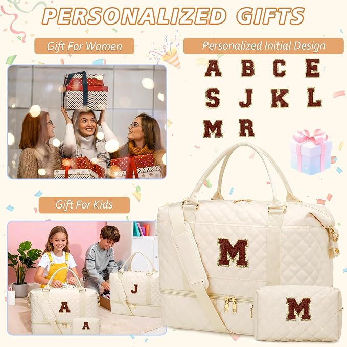Gifts for Women Initial Travel Duffle Bag Quilted Weekender Bags Carry-On Overnight with Cosmetic Bag, Gym Bag with Shoe Compartment Hospital Bag for Women Labor Delivery, Beige-M - Image 3