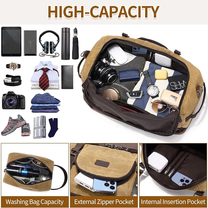 Nerlion Weekender Bag with Shoe Compartment Large Overnight Bag for Men Canvas Genuine Leather Carry on Luggage Bag Travel Duffel Bag(Brown) - Image 4