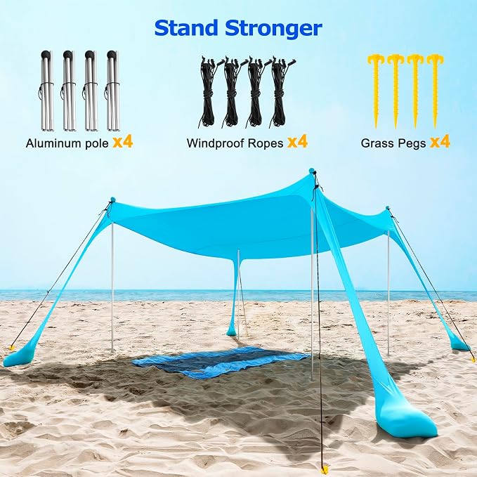 COMMOUDS Beach Tent Sun Shelter - UPF50+ Pop Up Beach Canopy with Sandbags & Sand Shovel & Windproof Poles, Portable Sun Shade for Beach, Camping, Picnics, Backyard - Image 6