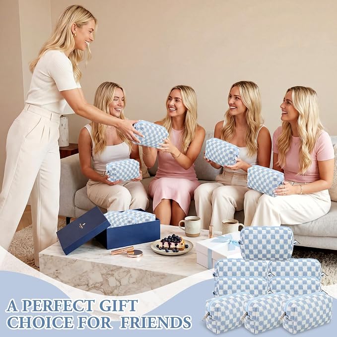 Gilprop 8 Pcs Checkered Makeup Bag for Purse Small Cosmetic Pouch Bulk Portable Zipper Makeup Pouch Travel Toiletry Organizer Gifts for Women Bridesmaid Wedding Party Favors (Blue) - Image 7