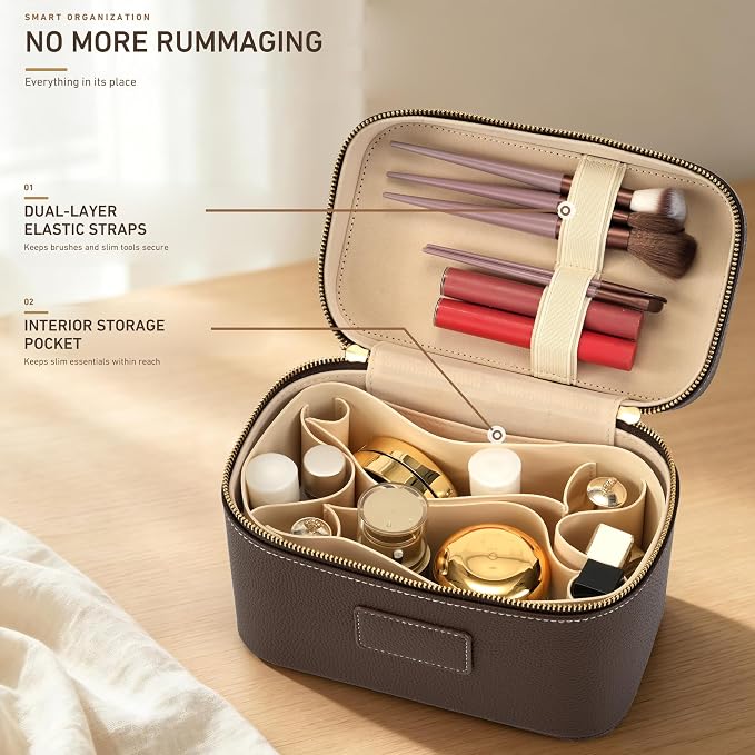Makeup Bag Travel Toiletry Leather Cosmetic Case, Waterproof Makeup Organizer with Brush Holder, Wipe Clean Removable Divider Vanity Train Bag for Women, Coffe - Image 4