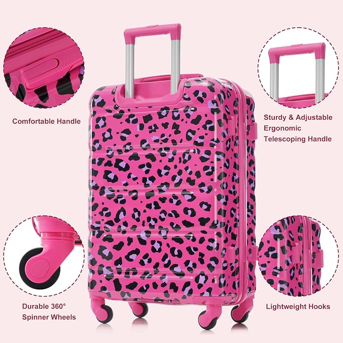 Hardside Luggage Sets, Lightweight Stripes Suitcase with Spinner Wheels, Fuchsia Leopard Print - Image 3