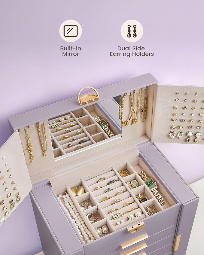 Lolalet Large Jewelry Box Organizer for Women, 7-Layer Jewelry Organizers and Storage Case with Mirror & 6 Drawers, Lockable Watch Ring Earring Bracelet Necklace Holder Girls Gift -7Layer, HazePurple - Image 9