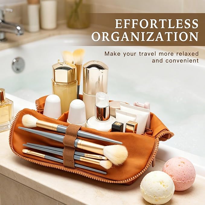 Minoisome Travel Makeup Bag,PU leather toiletry bag,make up organizer case for women,Large Capacity Cosmetic Bag,Wide-open Pouch Purse，Toiletries Accessories，Fold-Down Design and Adjustable Dividers. - Image 3