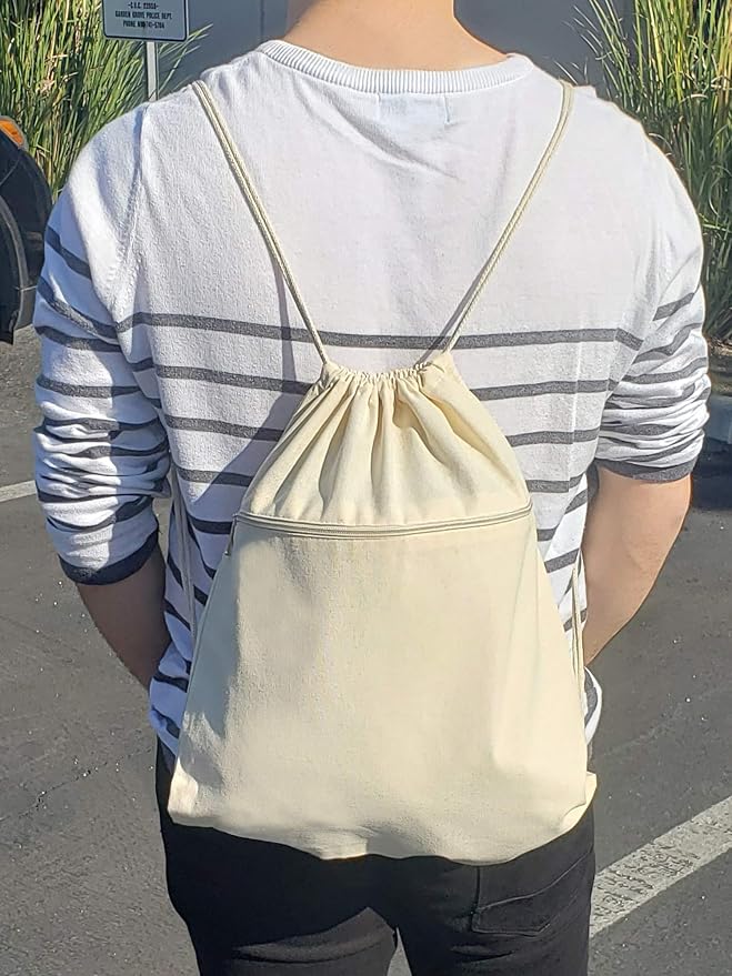 TBF Cotton Canvas Drawstring Backpack with Zippered Front Pocket Cinch Sack Pull String Sport Bags for Gym, Hike, Men Women Kids Bags (Natural, Set of 12) - Image 7